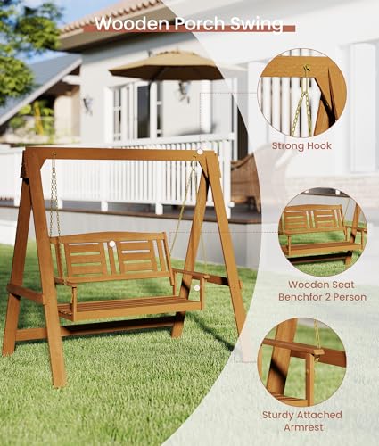 Outdoor Furniture Oil Teak - Sturdy Two-Person Wooden Porch Swing With