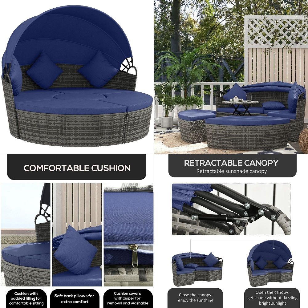 4 Piece Round Rattan Daybed, C - Outdoor Daybed Furniture avis et prix