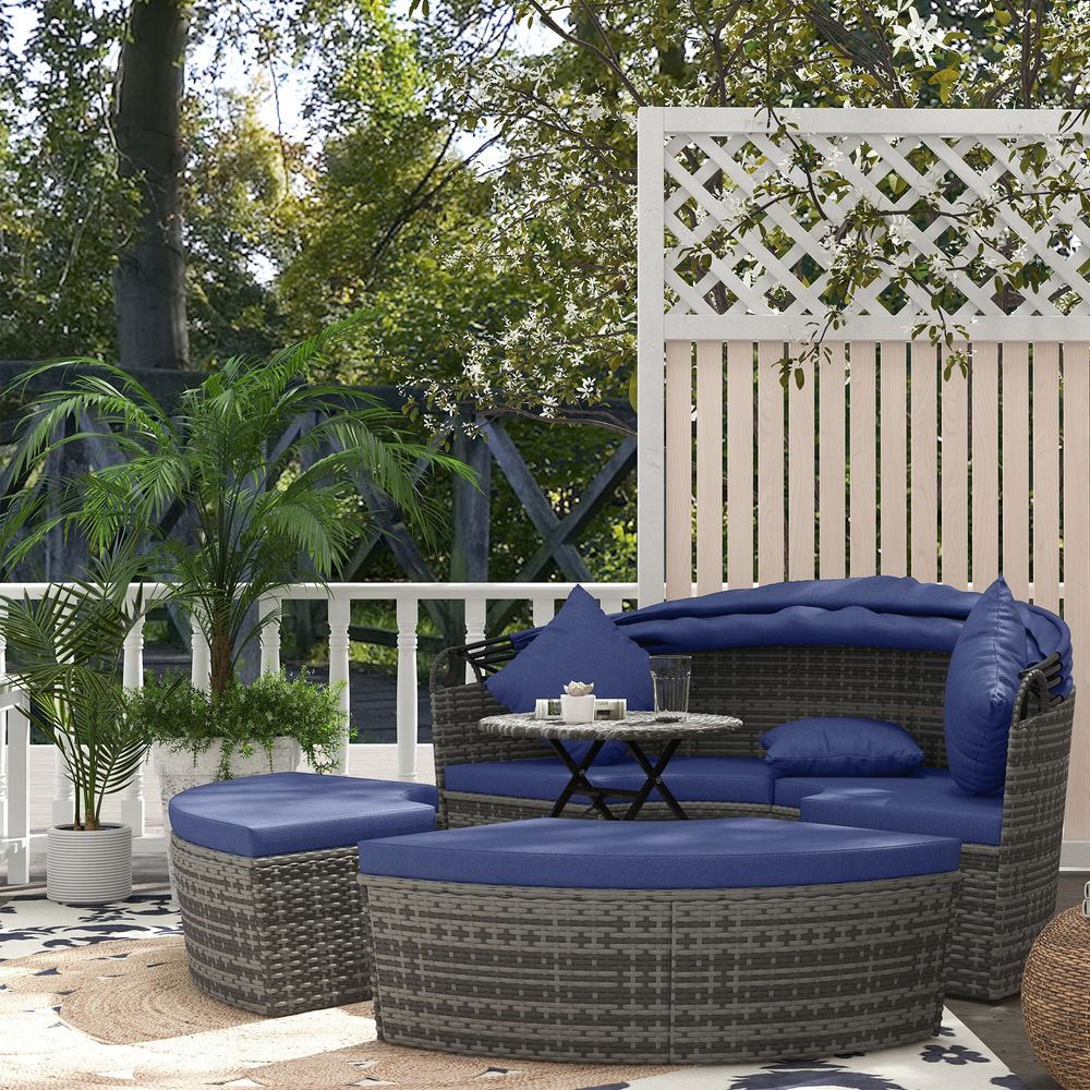 4 Piece Round Rattan Daybed, C - Outdoor Daybed Furniture avis et prix
